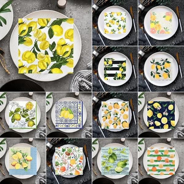 20/8Pcs 믹스 빈티지 레몬 꽃 Decoupage 종이 냅킨 과일 식물 종이 Serviettes 크리스마스 생일 파티 식기