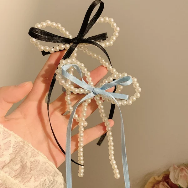 여성용 진주 활 리본 머리핀, 고급 감각, 한국 스타일 백 헤드 스푼, 덕빌 머리핀, 여름