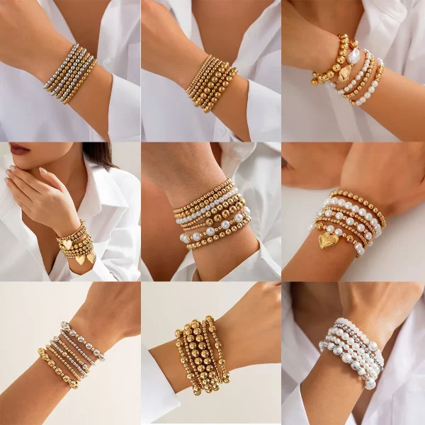 Boho 달콤한 모조 진주 혼합 색상 라운드 진주 팔찌 2025 여성 멀티 레이어 탄성 스레드 여자 패션 쥬얼리