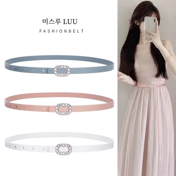 진짜 가죽 벨트 여성 다이아몬드 장식 드레스 블루 핑크 벨트 액세서리 여름 신상 2025 매치 스커트 벨트