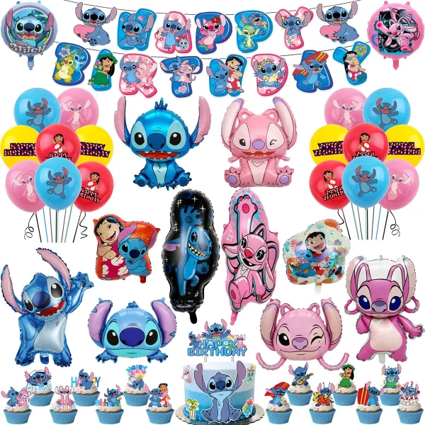 릴로 스티치 풍선 생일 축하 배너 파티 장식 베이비 샤워 소년 소녀 일회용 식기 케이크 토퍼 배경 나선형