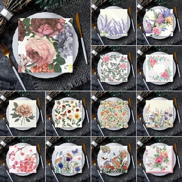 20/8Pcs 믹스 꽃 나비 Decoupage 종이 냅킨 결혼식을위한 꽃 냅킨 종이 조직 크리스마스 파티 장식 핫 세일