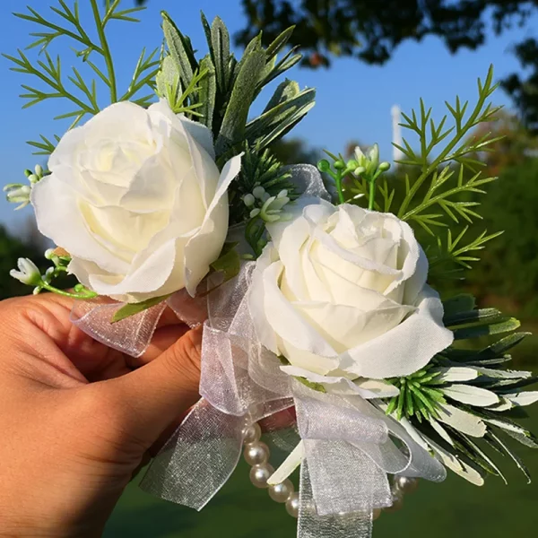 2025 트렌디한 신부 들러리 웨딩 부토니에 & 허리 코사지 | 흰색 실크 꽃 장식, 결혼식 파티를 위한 가짜 꽃 액세서리