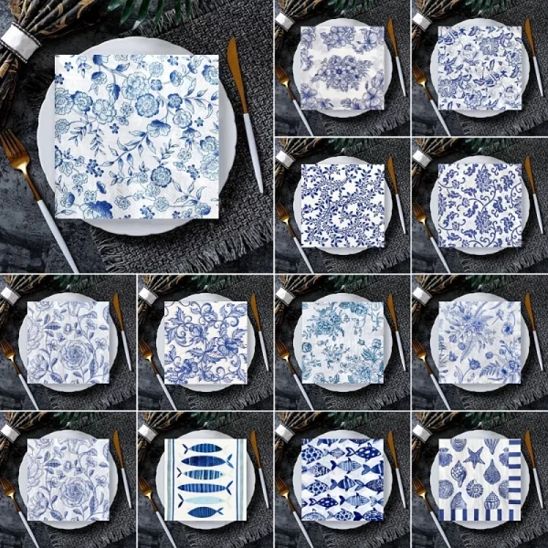 20/8Pcs 빈티지 파란색과 흰색 도자기 Decoupage 종이 냅킨 파티 결혼식을위한 꽃 종이 조직 크리스마스 용품 새로운 2025