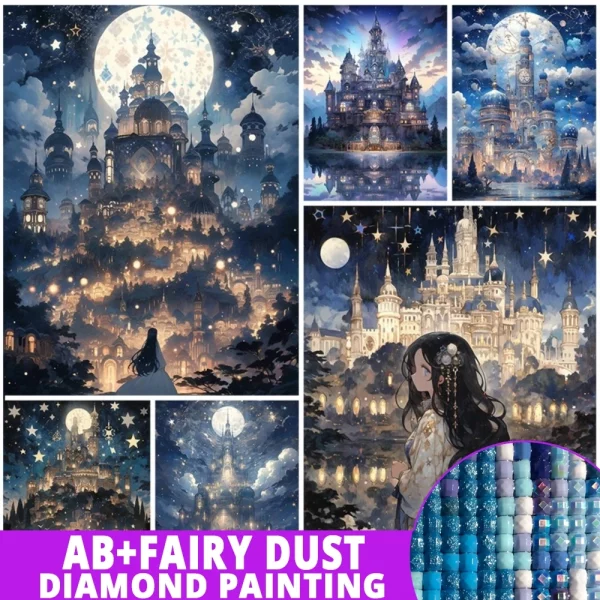 AB 요정 먼지 DIY 5D 새로운 꿈 성 다이아몬드 그림 자수 모자이크 판타지 달 풍경 크리스마스 홈 장식 선물