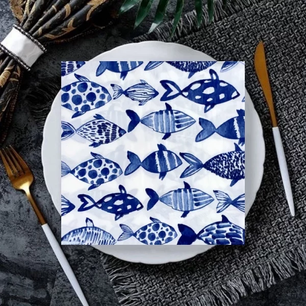 20 개/갑/팩 블루 Finsh Decoupage 종이 꽃 냅킨 파란색과 흰색 도자기 Tissu 웨딩 파티 Serviettes 홈 Deccor