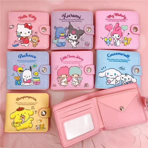 Sanrio 짧은 지갑 헬로 키티 Cinnamoroll 멜로디 Kuromi 귀여운 만화 접이식 PU 카드 케이스 동전 지갑 액세서리 소녀 선물