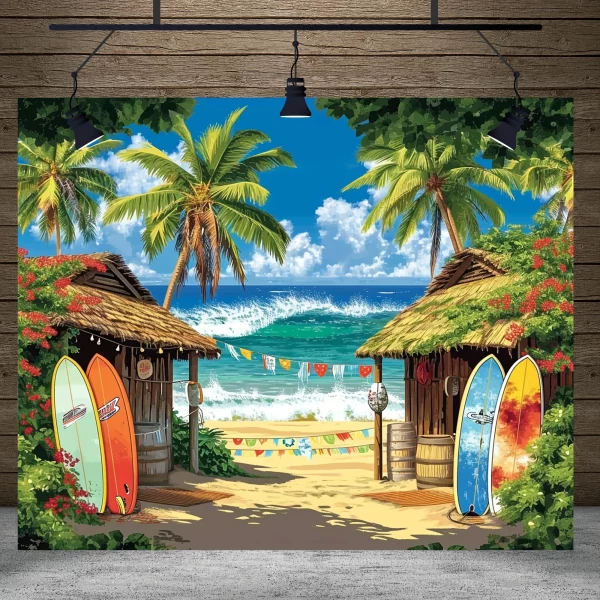 서핑보드 및 오두막용 해변 배경, 활기찬 무대 배경 스타일, 활기찬 선술집 장면, 파티 장식 용품