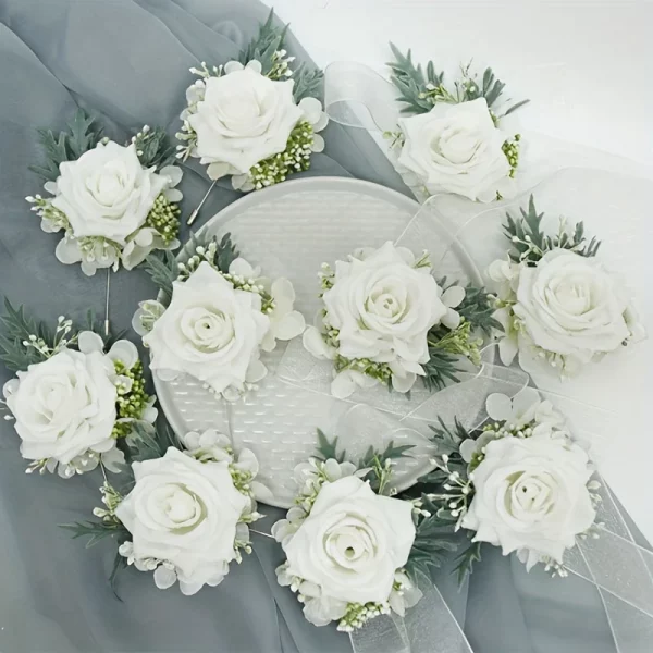 1/6PCS 화이트 로즈 웨딩 손목 코사지 및 Boutonniere 세트 ForBride 신부 들러리 남자 신랑 로즈 웨딩 꽃 액세서리