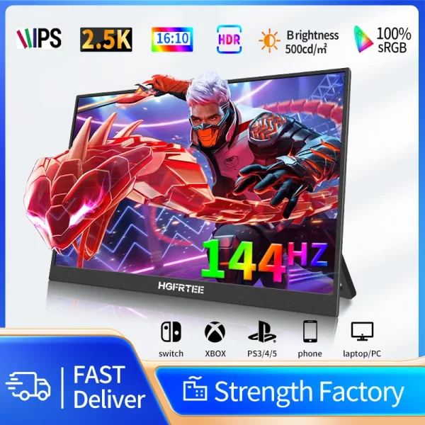 HGFRTEE 16" 2.5K 144hz 휴대용 모니터 2560*1600 16:10 100%sRGB 500Cd/m² 노트북 Mac Xbox PS4/5 스위치용 여행용 게임 디스플레이