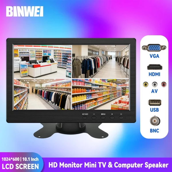 BINWEI 10.1인치 HD 모니터 미니 TV 및 컴퓨터 스피커 HDMI VGA 디스플레이 컬러 LCD 화면 차량 후방 카메라 및 홈 보안 시스템