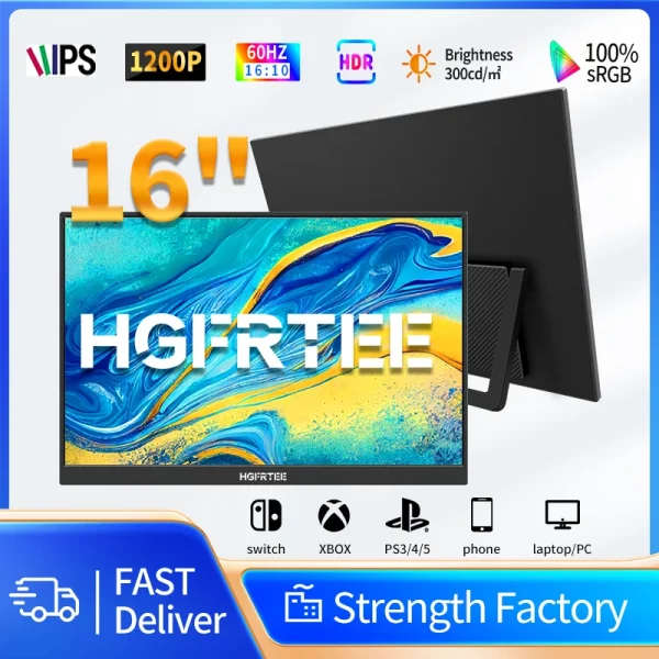 HGFRTEE 16인치 휴대용 모니터 16:10 RGB100% 300cd/m2 MAC/노트북/PC/Xbox/PS5/스위치용 IPS 두 번째 디스플레이
